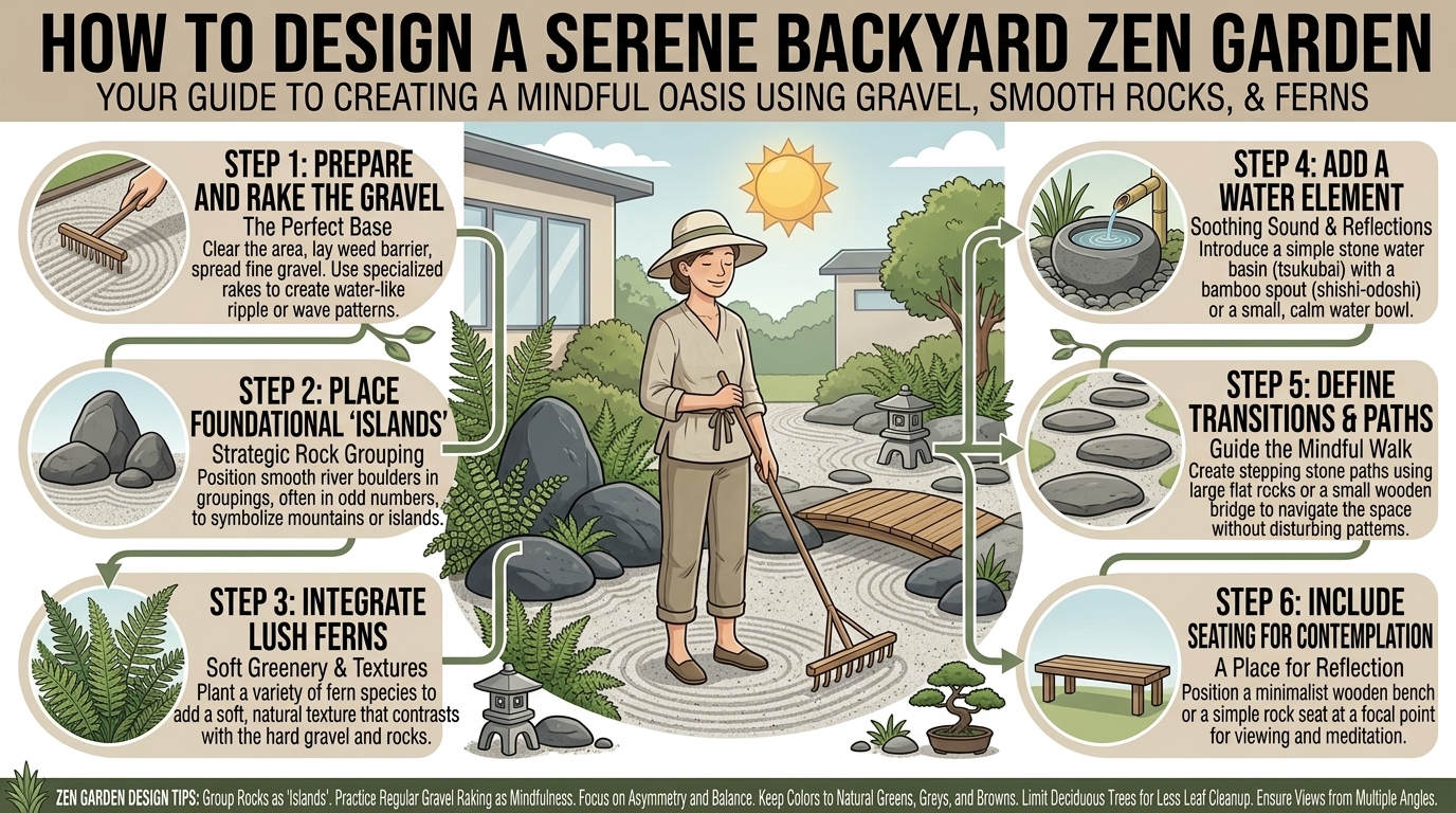 How to design a serene backyard zen garden using gravel, smooth river rocks, and ferns.