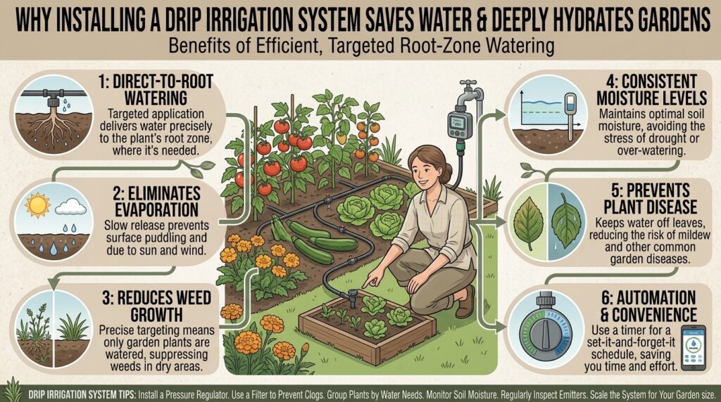 Why installing a drip irrigation system saves water and keeps your garden beds deeply hydrated.