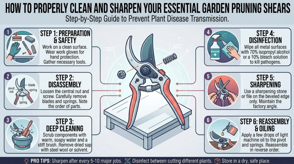 How to properly clean and sharpen your essential garden pruning shears to prevent plant disease.