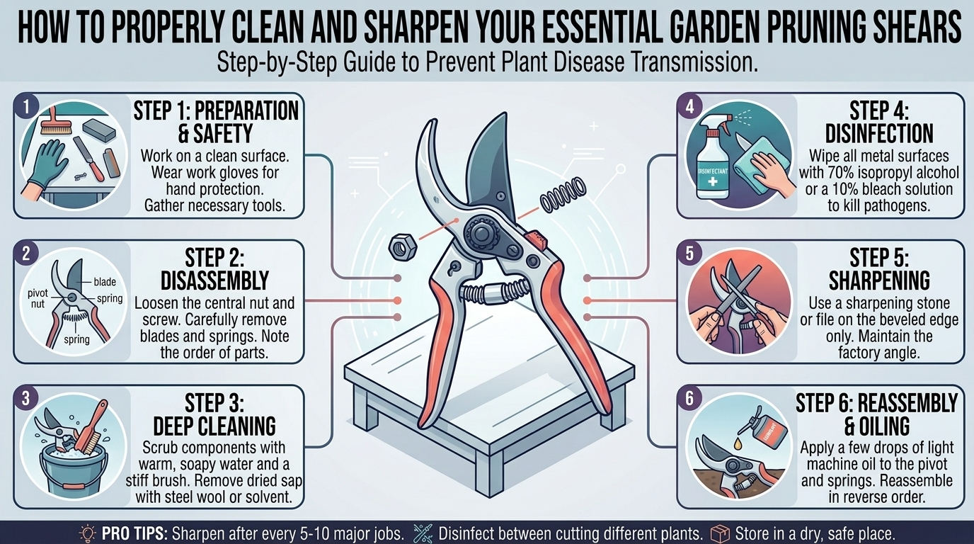 How to properly clean and sharpen your essential garden pruning shears to prevent plant disease.