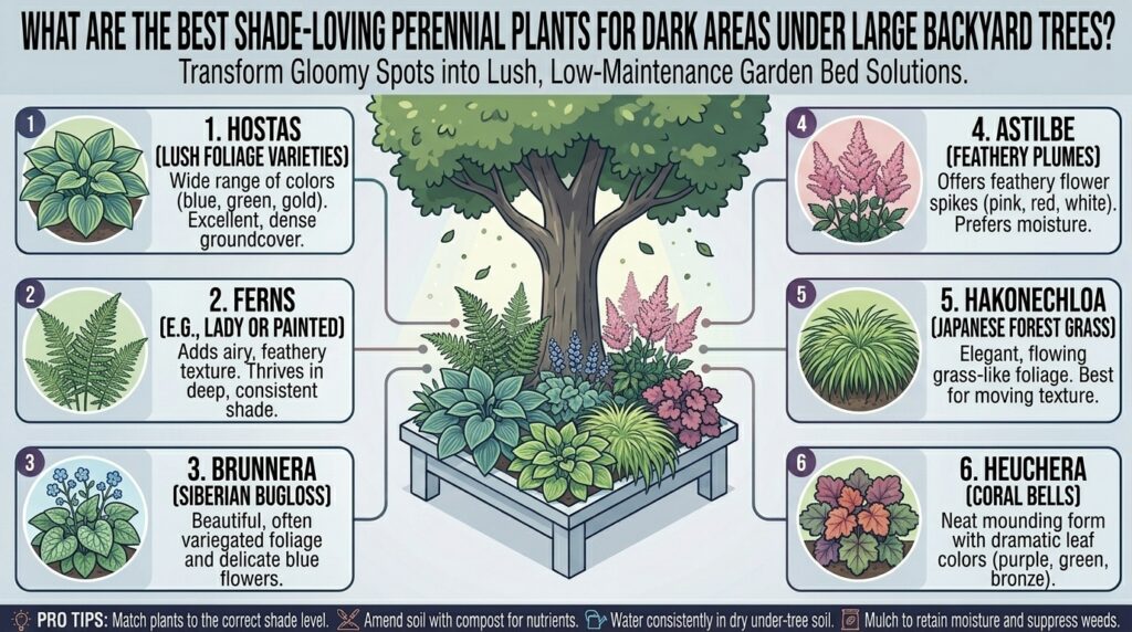 What are the best shade-loving perennial plants to fill dark areas under large backyard trees?