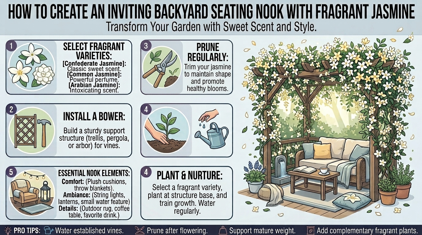 How to create an inviting backyard seating nook surrounded by fragrant flowering jasmine vines.