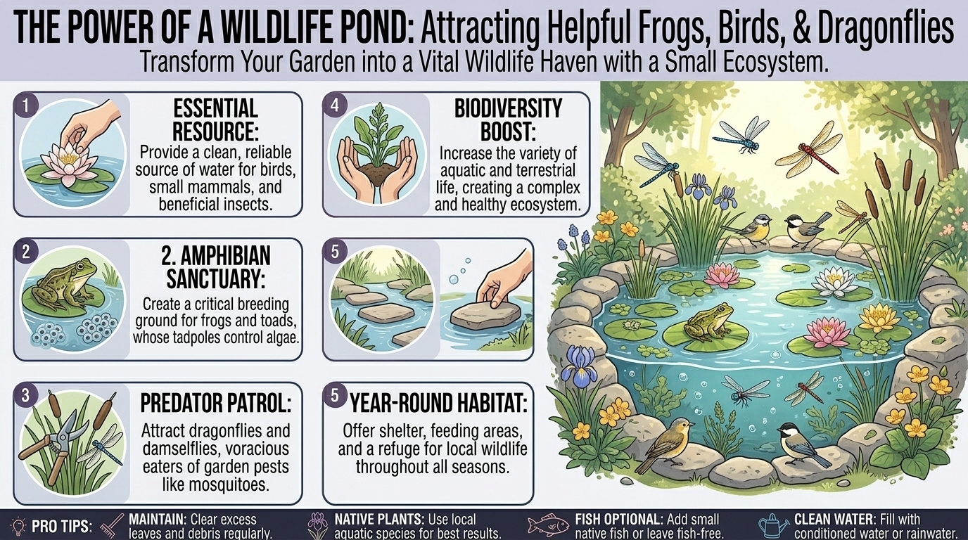 Why adding a small wildlife pond to your yard attracts helpful frogs, birds, and dragonflies.
