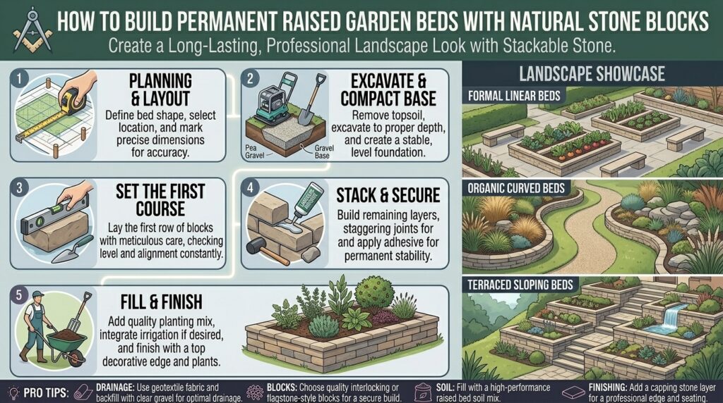 How to build raised garden beds using natural stone blocks for a permanent landscape look.
