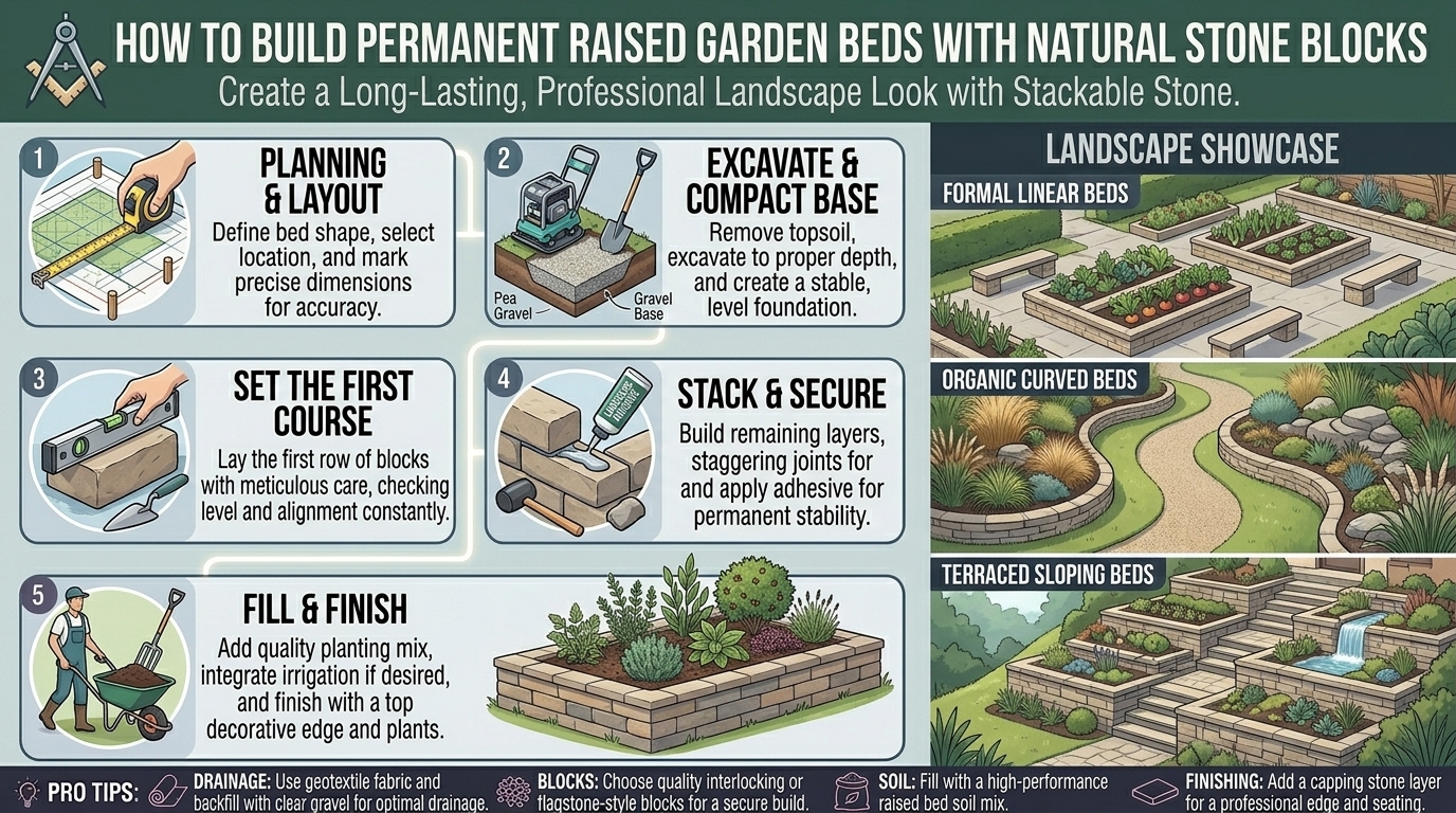 How to build raised garden beds using natural stone blocks for a permanent landscape look.