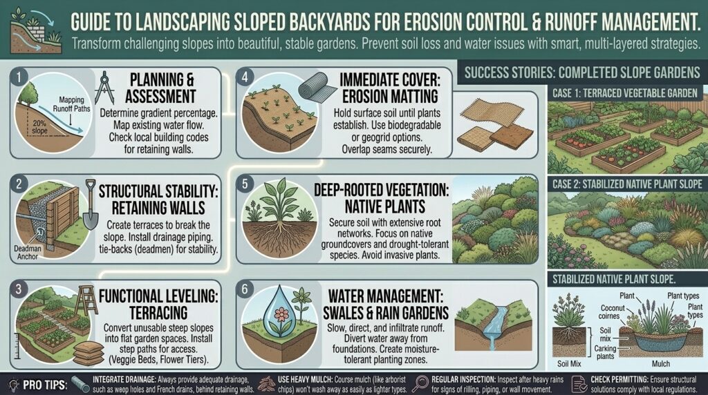 How to landscape a sloped backyard garden to prevent soil erosion and water runoff issues.