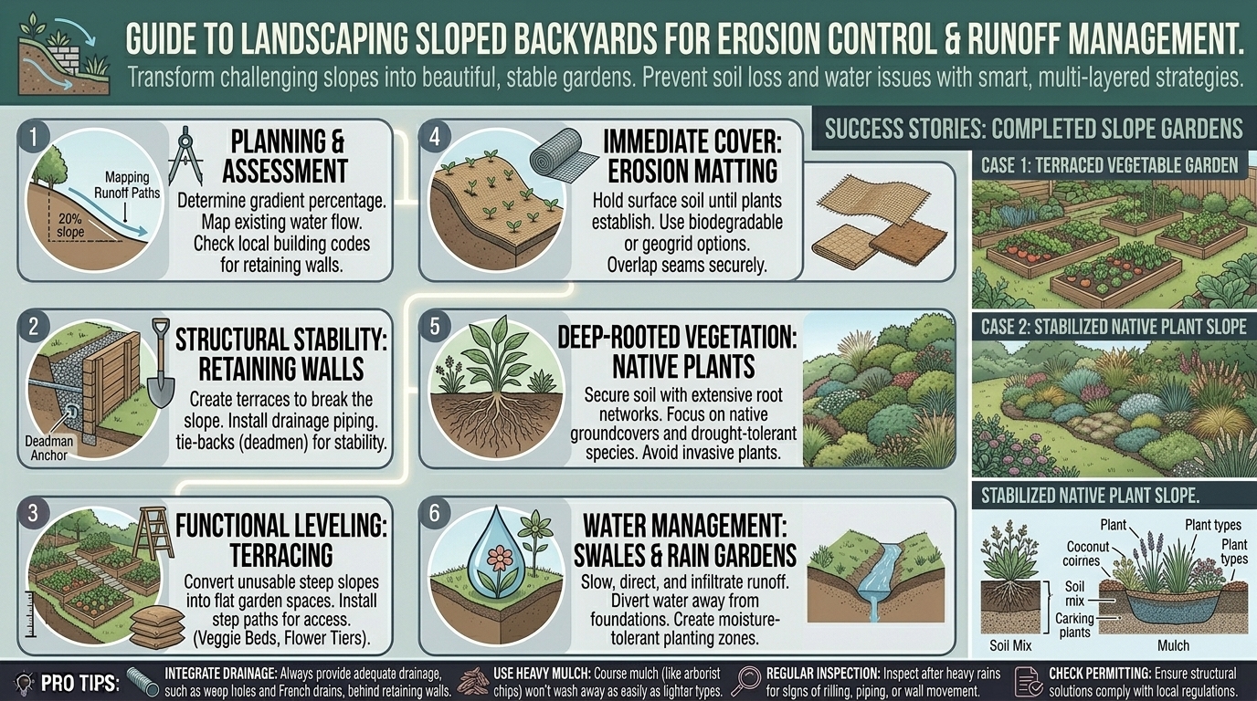 How to landscape a sloped backyard garden to prevent soil erosion and water runoff issues.