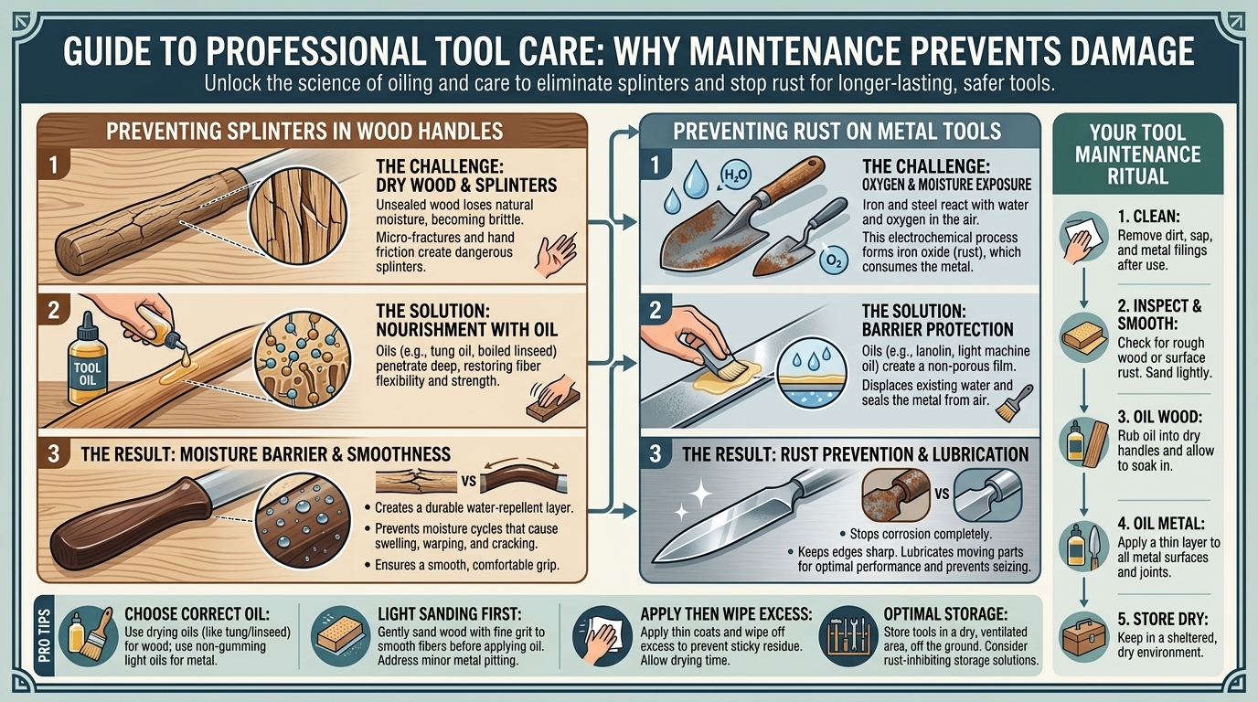 Why proper tool maintenance and oiling prevents wooden handles from splintering and rusting metal.