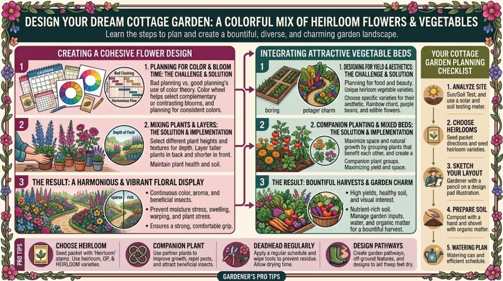 How to design a colorful cottage garden full of heirloom flowers and mixed vegetable beds.