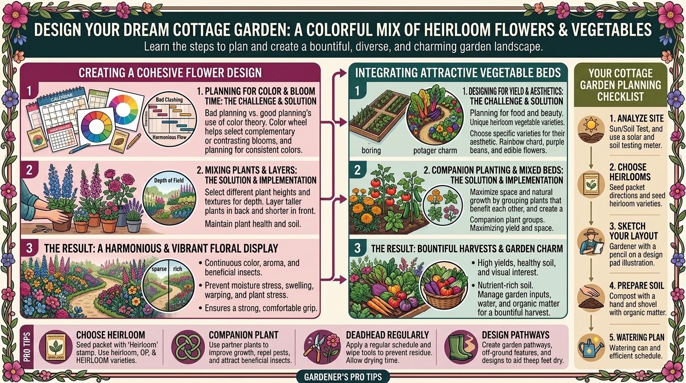 How to design a colorful cottage garden full of heirloom flowers and mixed vegetable beds.
