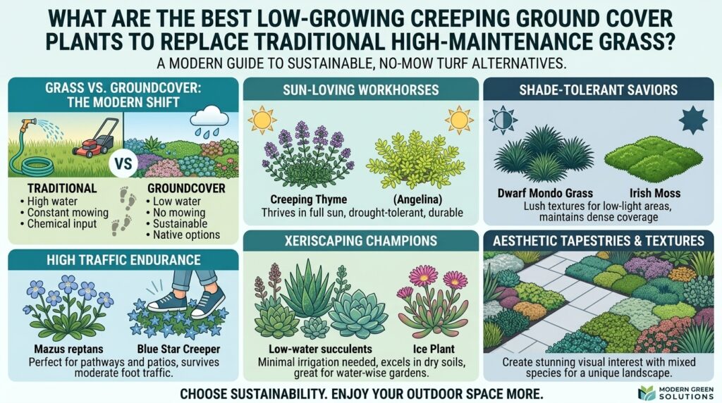 What are the best low-growing creeping ground cover plants to replace traditional high-maintenance grass.