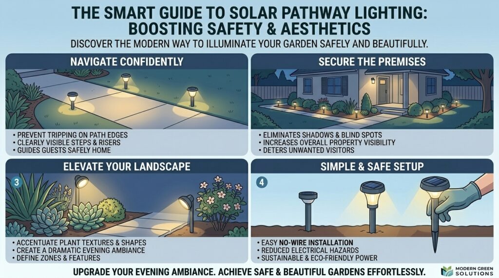 Why adding solar-powered pathway lights enhances nighttime safety and garden aesthetics safely.