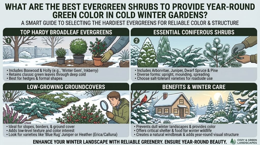 What are the best evergreen shrubs to provide year-round green color in cold winter gardens?