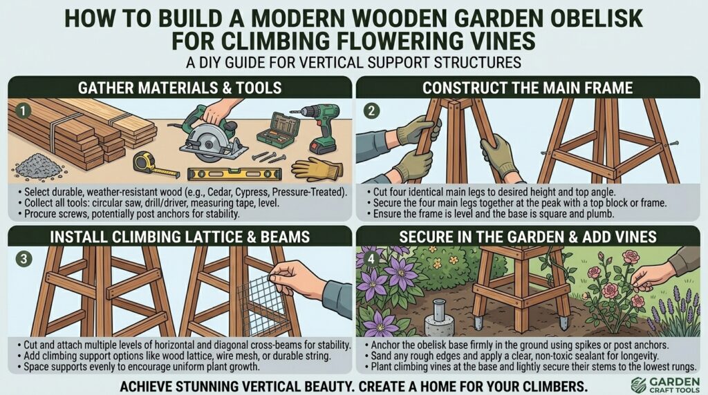 How to build a wooden garden obelisk structure to support climbing flowering vines vertically.