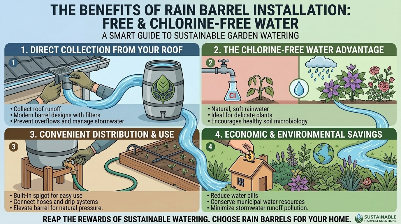 Why installing rain barrels connected to your roof gutters provides free chlorine-free water.
