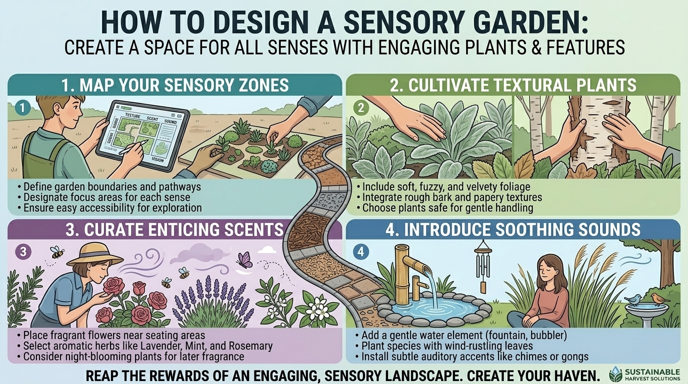 How to design a sensory garden featuring plants with fascinating textures, scents, and sounds.