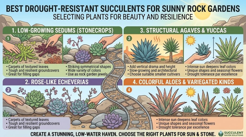 What are the best drought-resistant succulent plants to use in a sunny rock garden landscape.