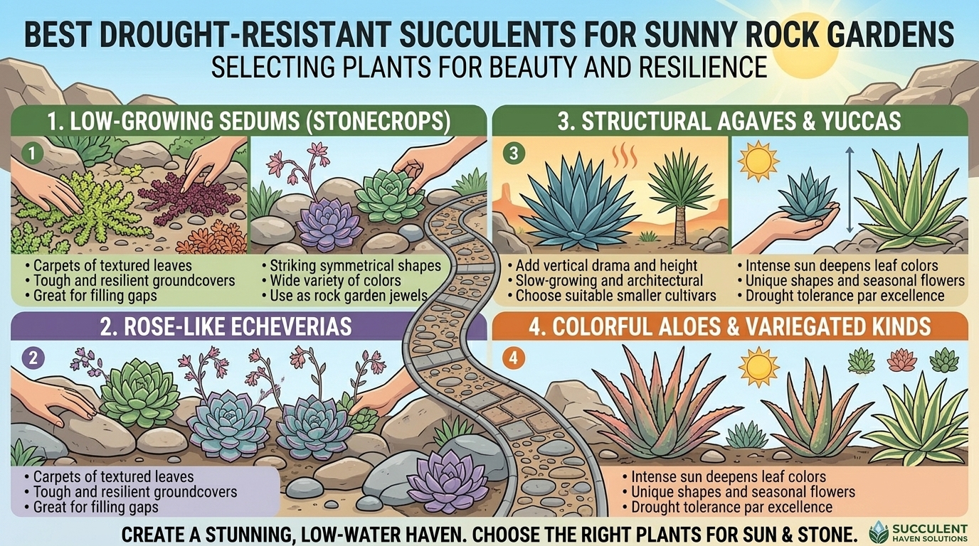 What are the best drought-resistant succulent plants to use in a sunny rock garden landscape.