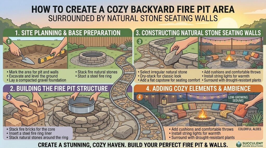 How to create a cozy backyard fire pit area surrounded by natural stone seating walls.