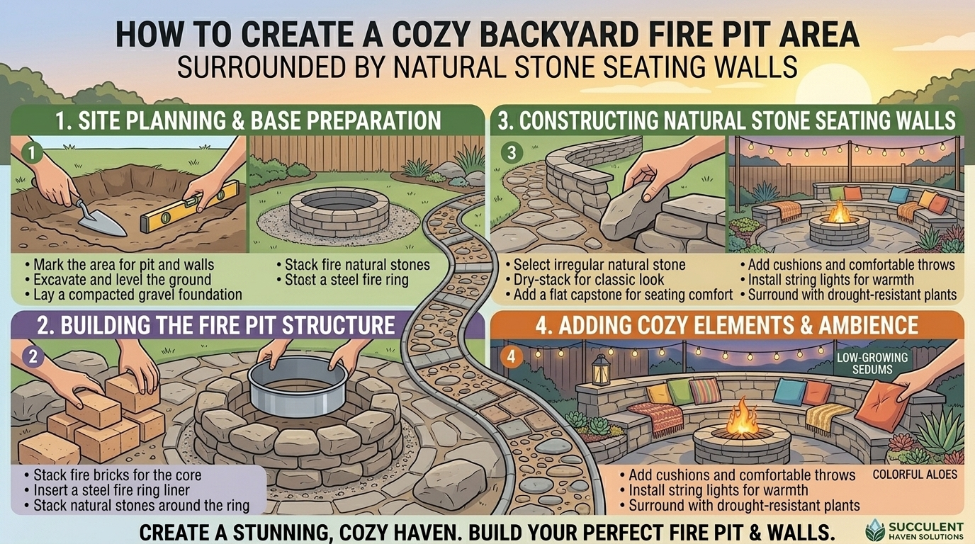 How to create a cozy backyard fire pit area surrounded by natural stone seating walls.