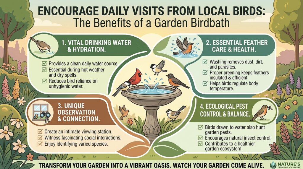 Why adding a birdbath to your garden landscape encourages local birds to visit daily.