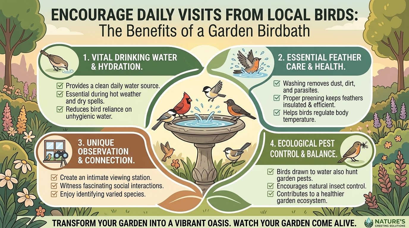 Why adding a birdbath to your garden landscape encourages local birds to visit daily.