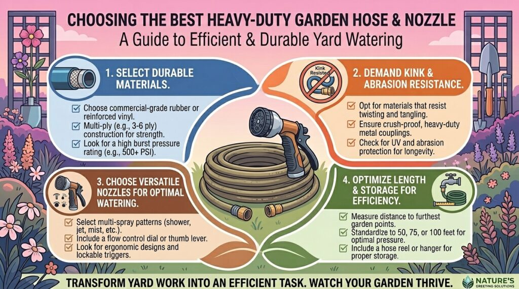 How to choose the best heavy-duty garden hose and nozzle for efficient yard watering.