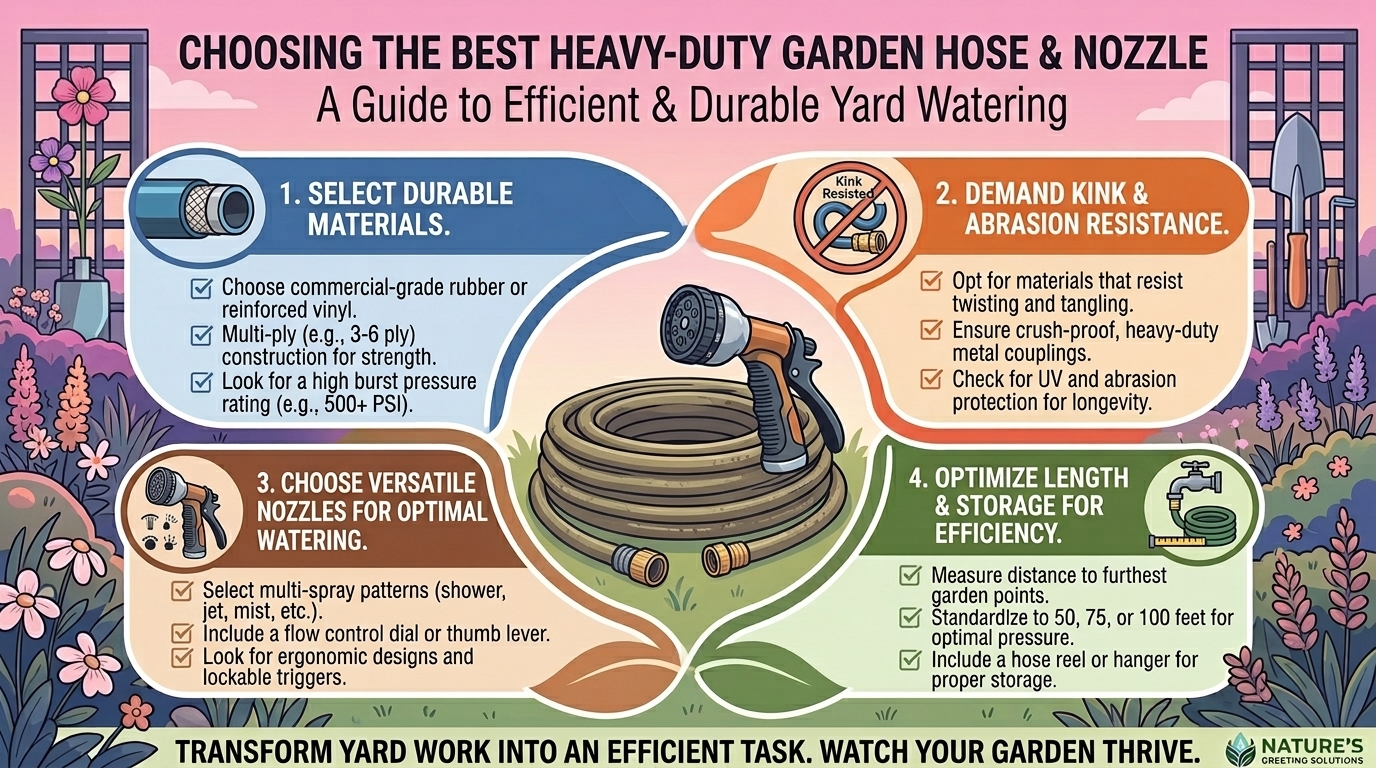 How to choose the best heavy-duty garden hose and nozzle for efficient yard watering.