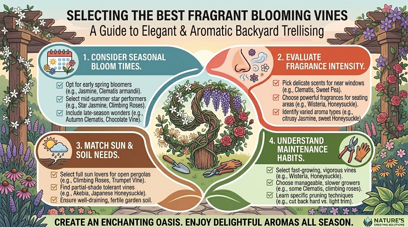 What are the best fragrant blooming vines to train up a backyard wooden pergola structure.