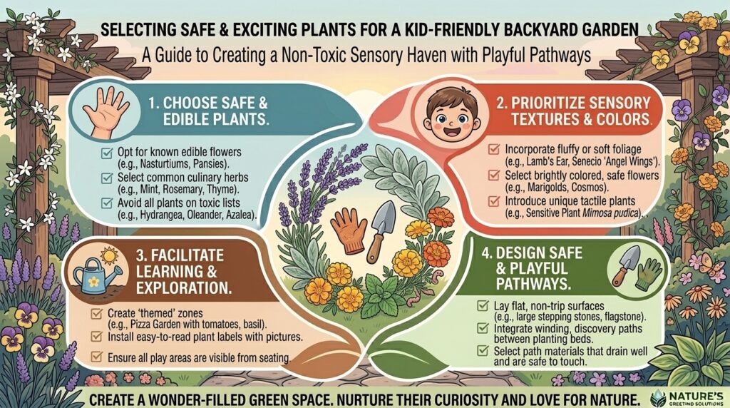 How to design a kid-friendly backyard garden featuring safe, non-toxic sensory plants and pathways.