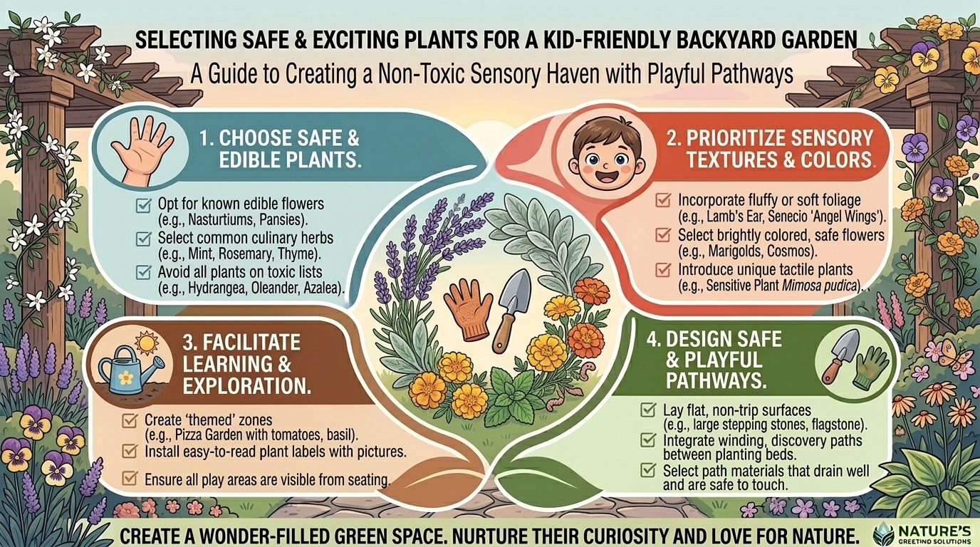 How to design a kid-friendly backyard garden featuring safe, non-toxic sensory plants and pathways.