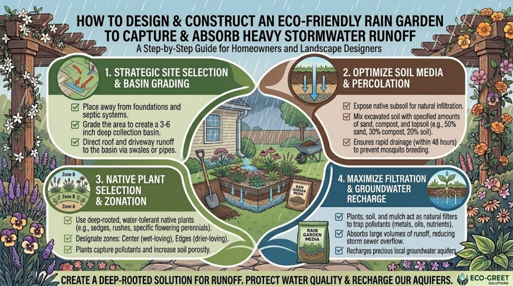 How to design an eco-friendly rain garden to capture and absorb heavy stormwater runoff.