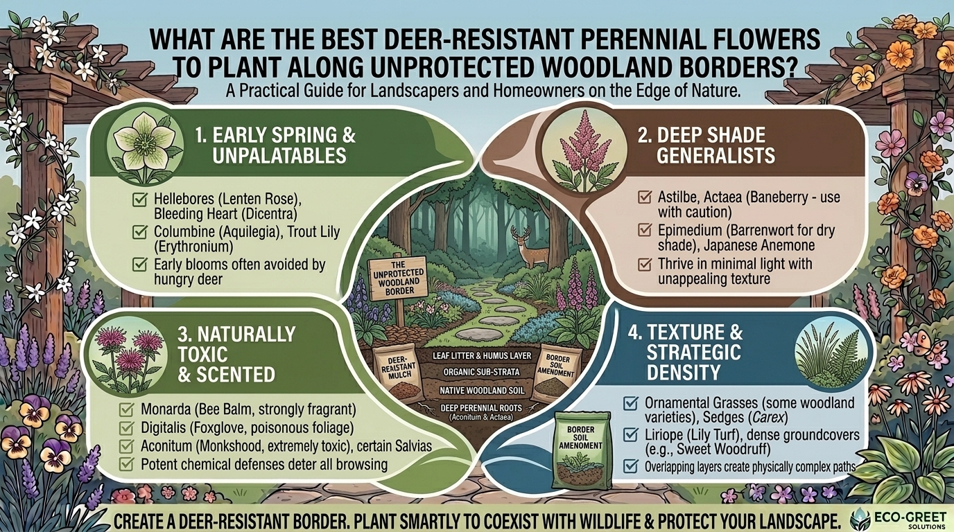 What are the best deer-resistant perennial flowers to plant along unprotected woodland borders.
