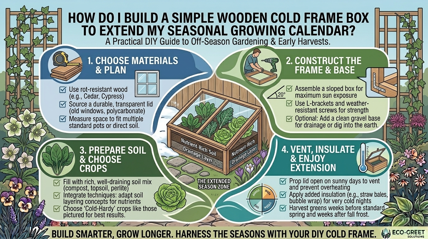 How to build a simple wooden cold frame box to extend your seasonal growing calendar.
