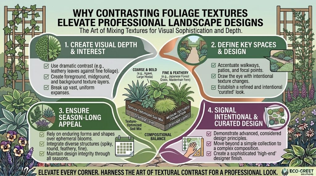 Why incorporating contrasting foliage textures elevates the professional look of landscape designs.