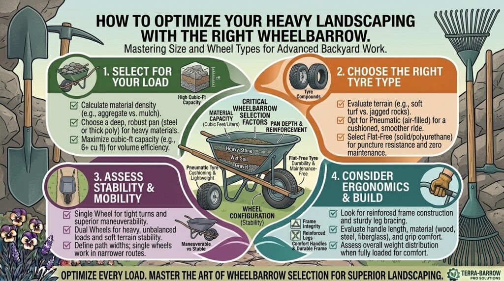 How to choose the right wheelbarrow size and wheel type for heavy backyard landscaping work.