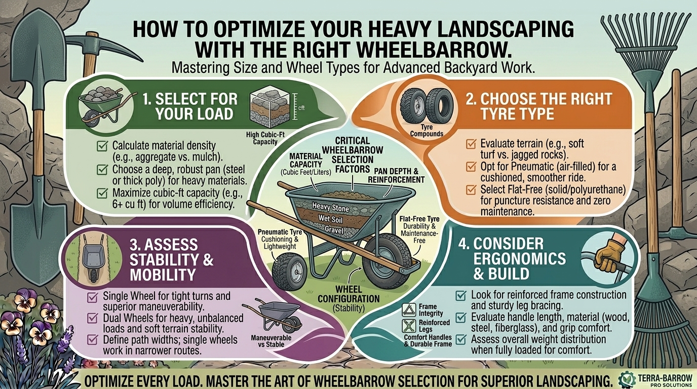 How to choose the right wheelbarrow size and wheel type for heavy backyard landscaping work.