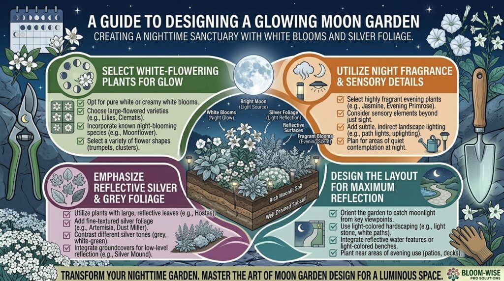 How to design a moon garden featuring white flowers and silver foliage that glow at night.