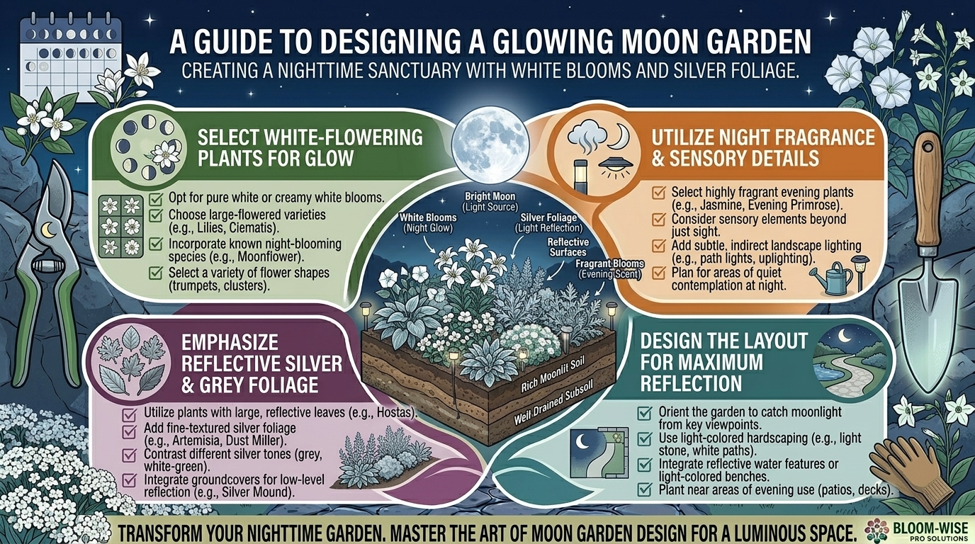 How to design a moon garden featuring white flowers and silver foliage that glow at night.