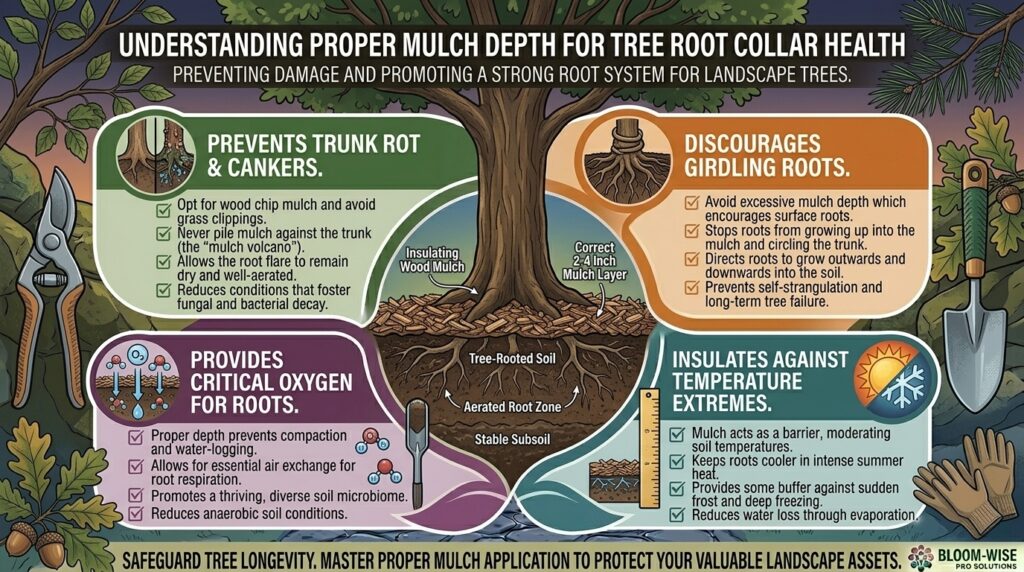 Why maintaining proper mulch depth around landscape trees protects root collars from damage.
