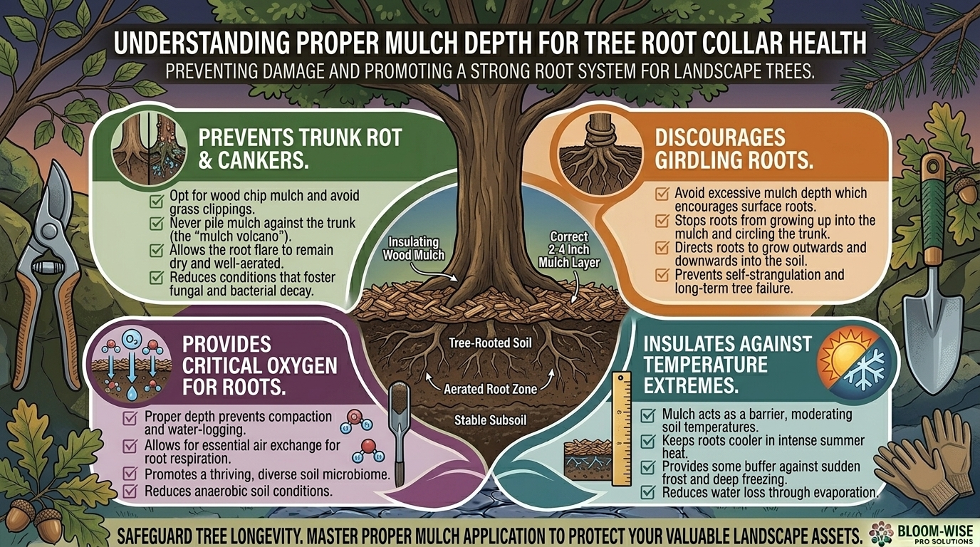 Why maintaining proper mulch depth around landscape trees protects root collars from damage.