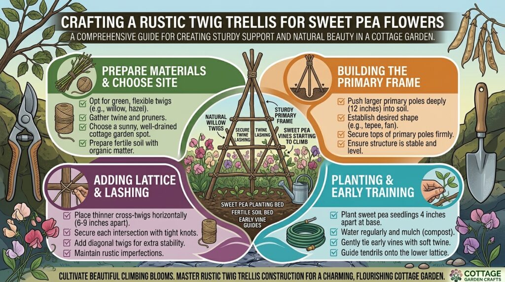 How to build a rustic twig trellis for climbing sweet pea flowers in a cottage garden.