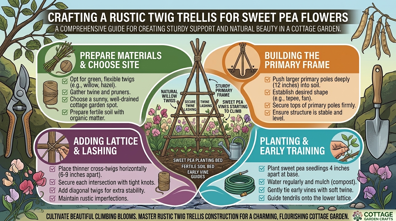 How to build a rustic twig trellis for climbing sweet pea flowers in a cottage garden.