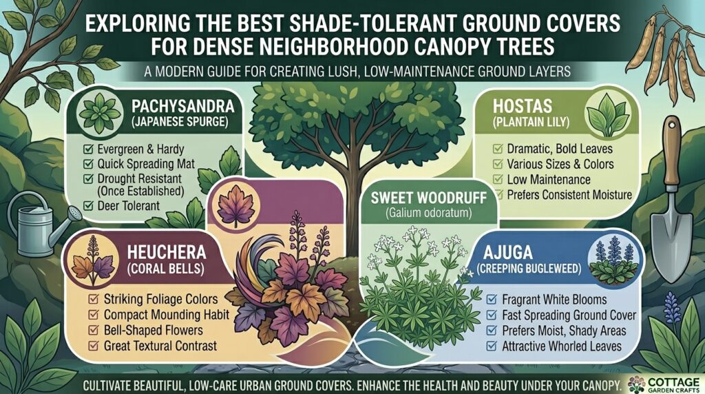 What are the best shade-tolerant ground covers to plant under dense neighborhood canopy trees.