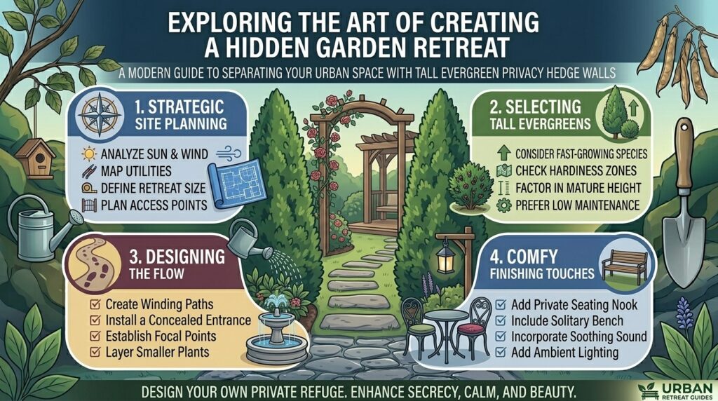 How to create a hidden garden retreat separated by tall evergreen privacy hedge walls.