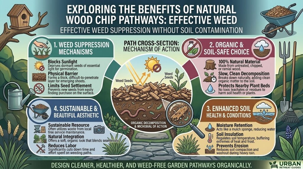 Why using natural wood chips for pathways suppresses weeds without contaminating surrounding soil.