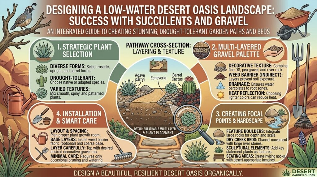 How to design a low-water desert oasis landscape style using succulents and decorative gravel.