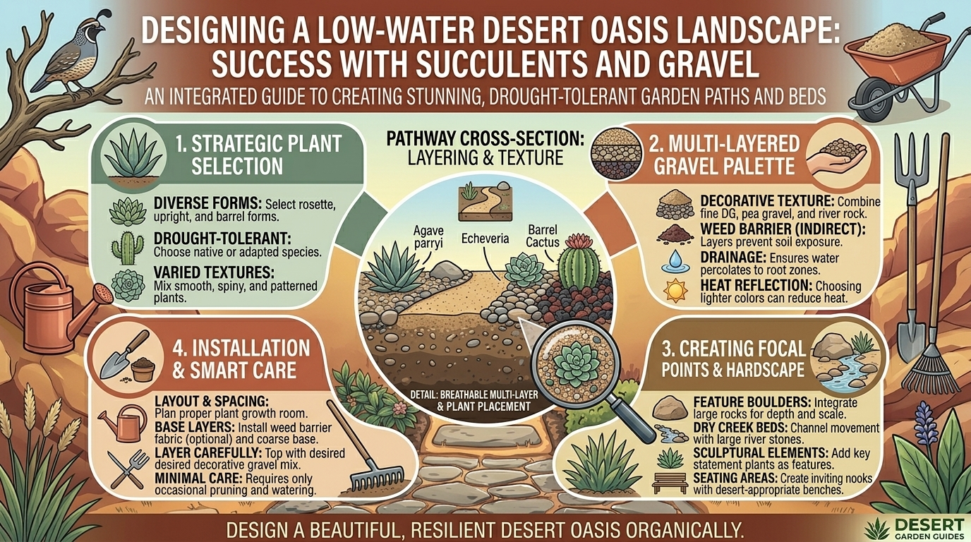 How to design a low-water desert oasis landscape style using succulents and decorative gravel.