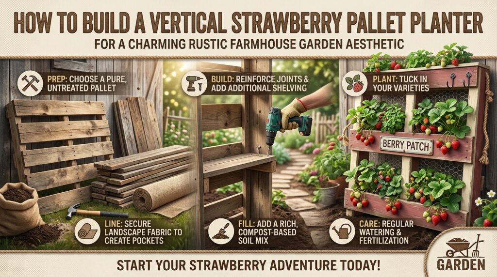 How to build a vertical strawberry pallet planter for a rustic farmhouse garden aesthetic.