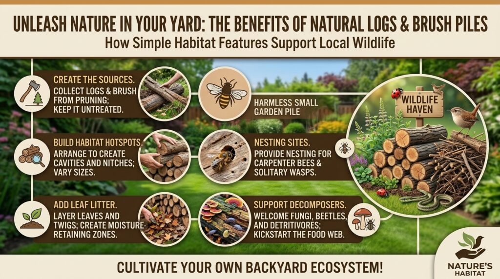 Why incorporating natural logs and brush piles supports beneficial backyard wildlife populations.
